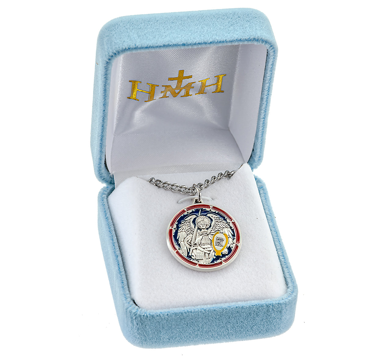 Saint Michael the Archangel Round Sterling Silver Enameled Medal Pendant with Chain