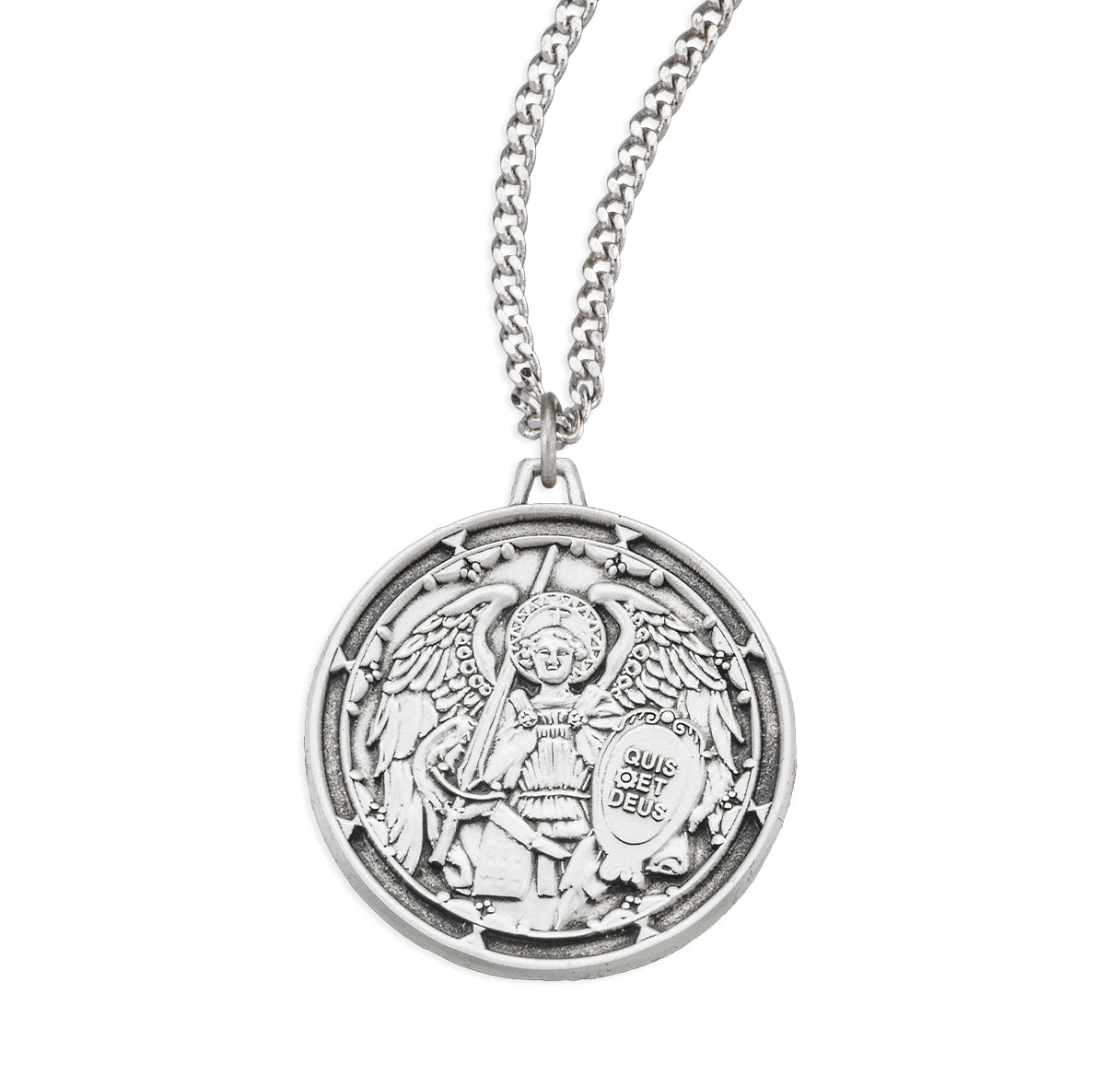 Saint Michael the Archangel Round Sterling Silver Medal Pendant with Chain