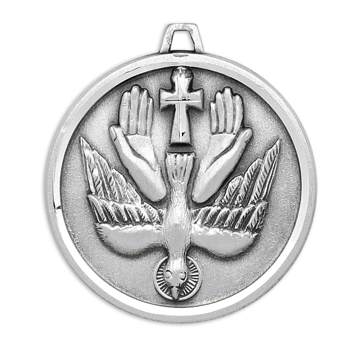 Holy Spirit Round Sterling Silver Medal Pendant with Chain