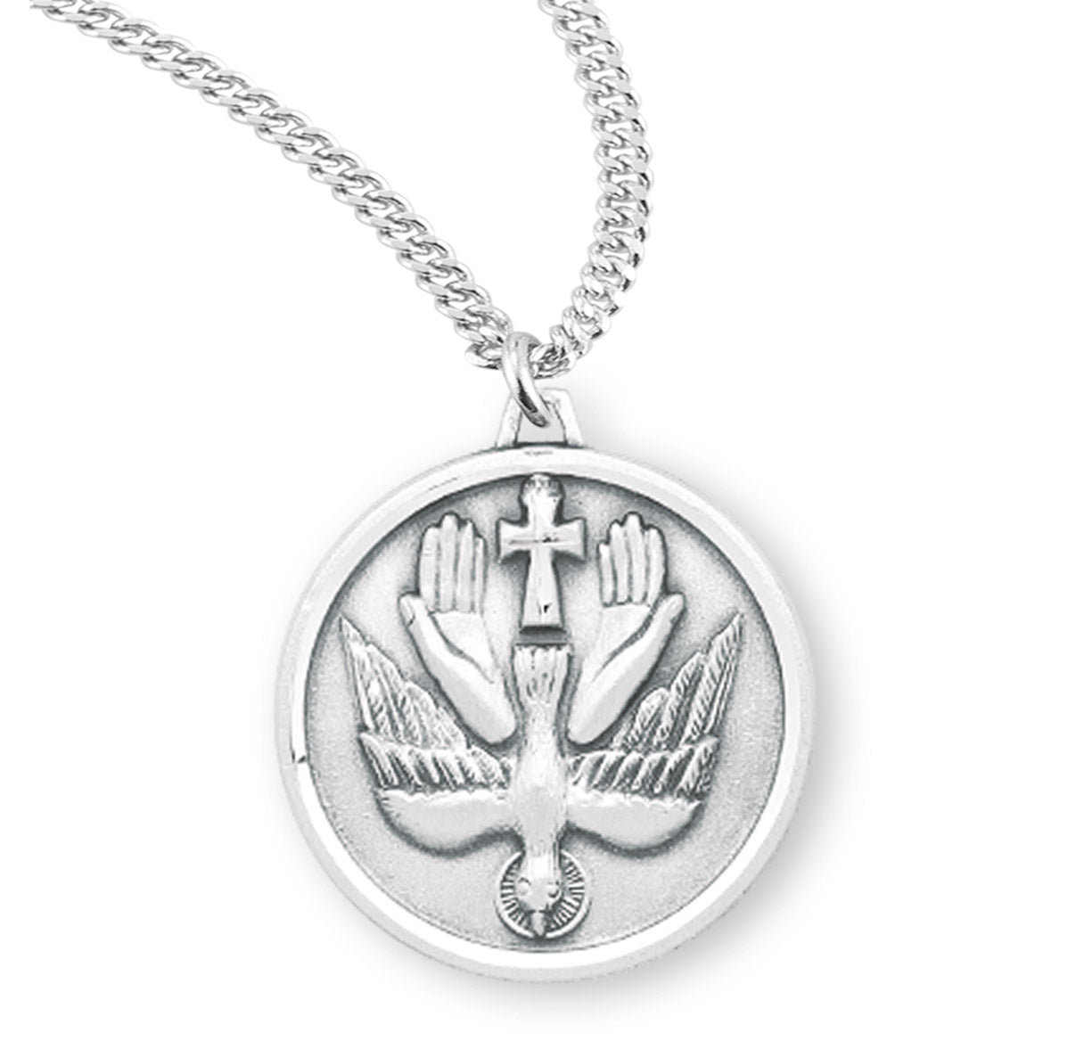 Holy Spirit Round Sterling Silver Medal Pendant with Chain