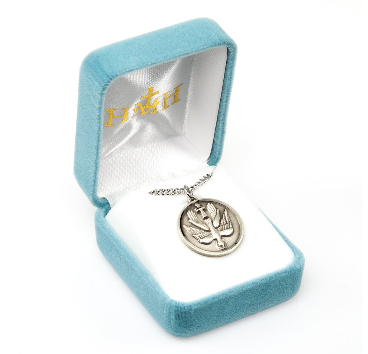 Holy Spirit Round Sterling Silver Medal Pendant with Chain