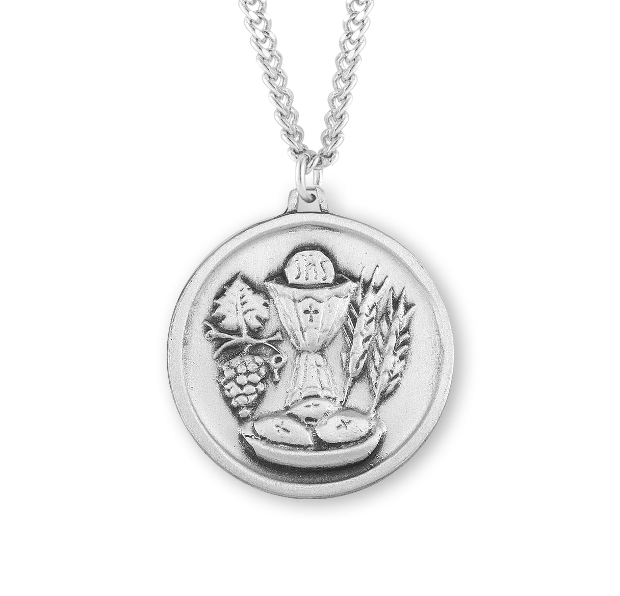 Sterling Silver Round Holy Communion Medal Pendant with Chain