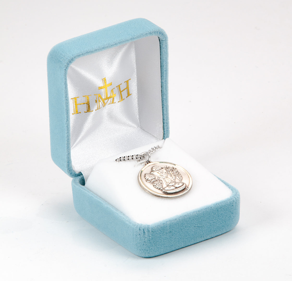 Sterling Silver Round Holy Communion Medal Pendant with Chain
