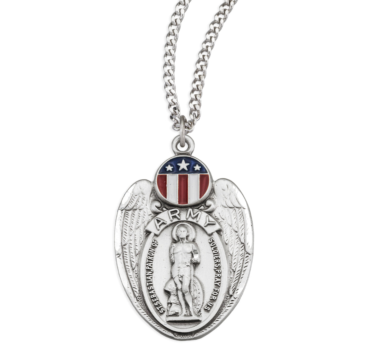 Saint Sebastian Sterling Silver Army Shield Medal Pendant with Chain