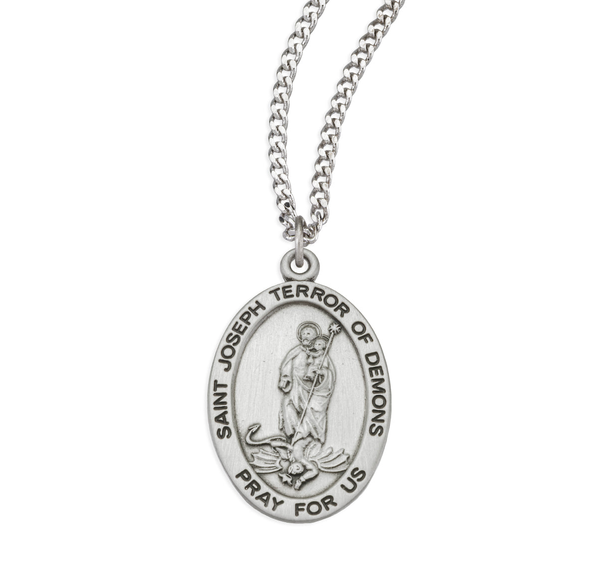Saint Joseph Terror of Demons Oval Sterling Silver Medal Pendant with Chain
