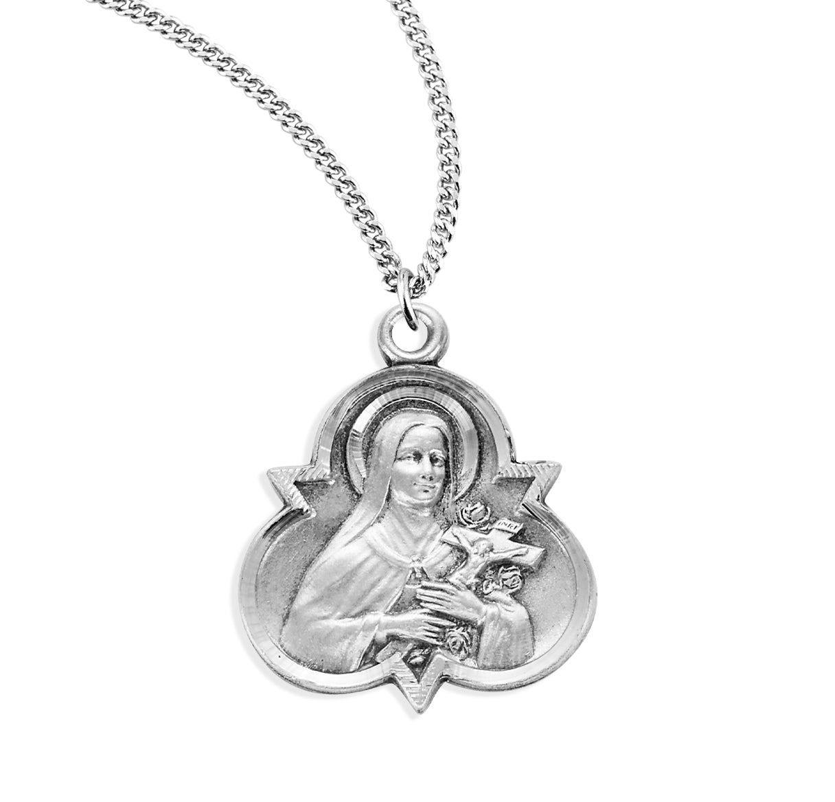 Saint Therese of Lisieux Sterling Silver Trinity Medal Pendant with Chain