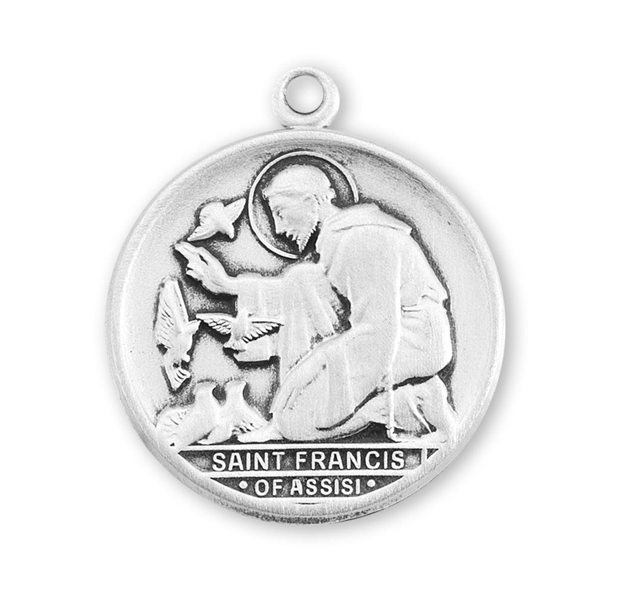 Saint Francis of Assisi Round Sterling Silver Medal Pendant with Chain