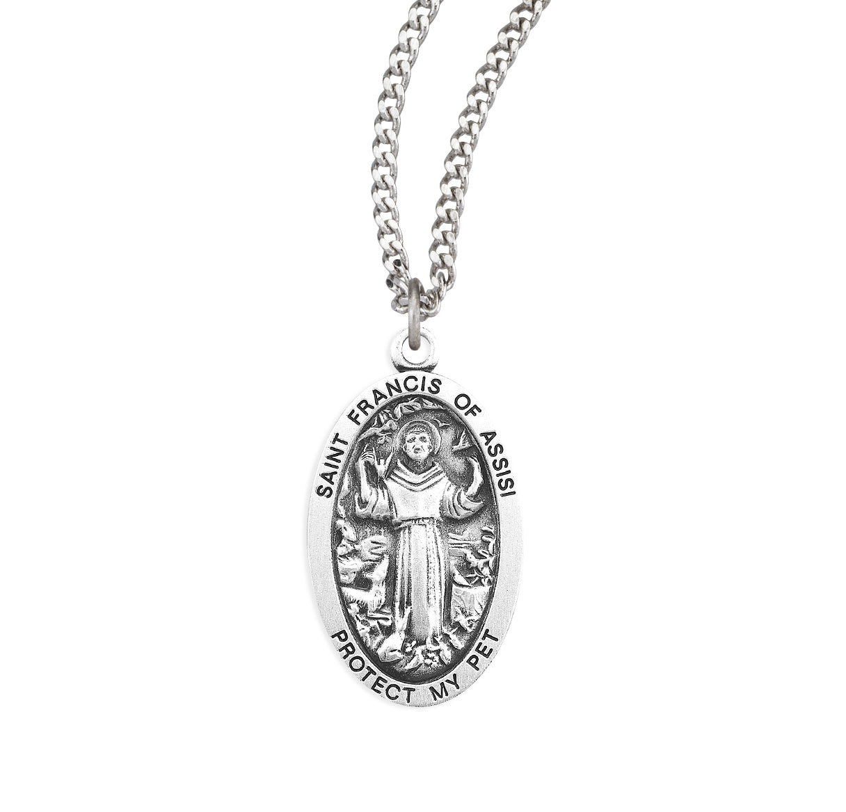 Saint Francis of Assisi Oval Sterling Silver Pet Medal Pendant with Chain