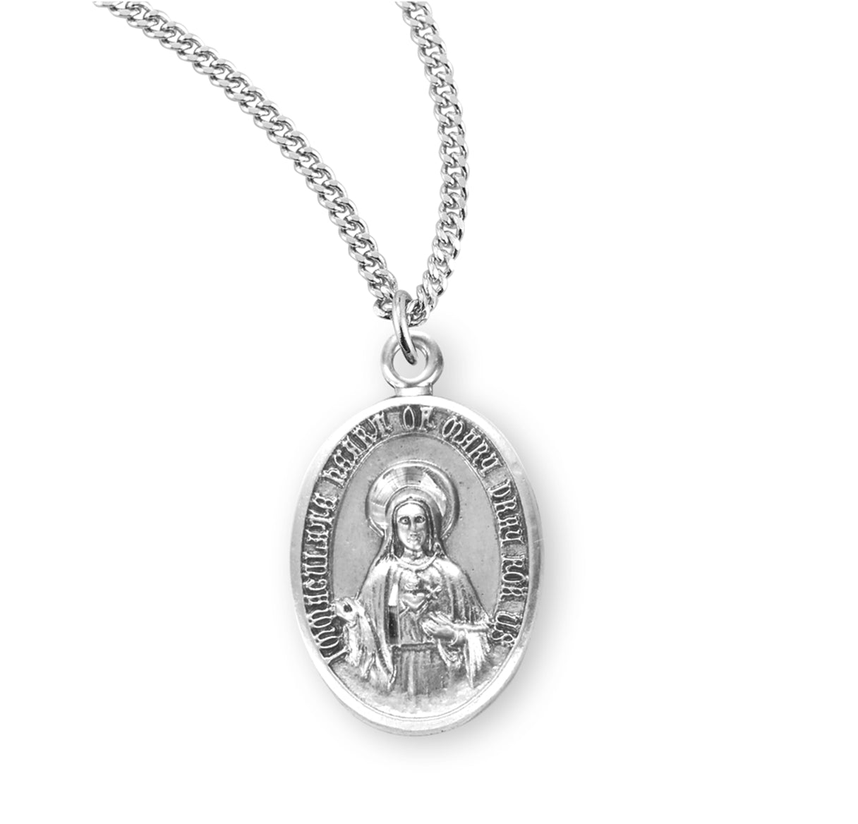 Immaculate Heart of Mary Oval Sterling Silver Medal Pendant with Chain