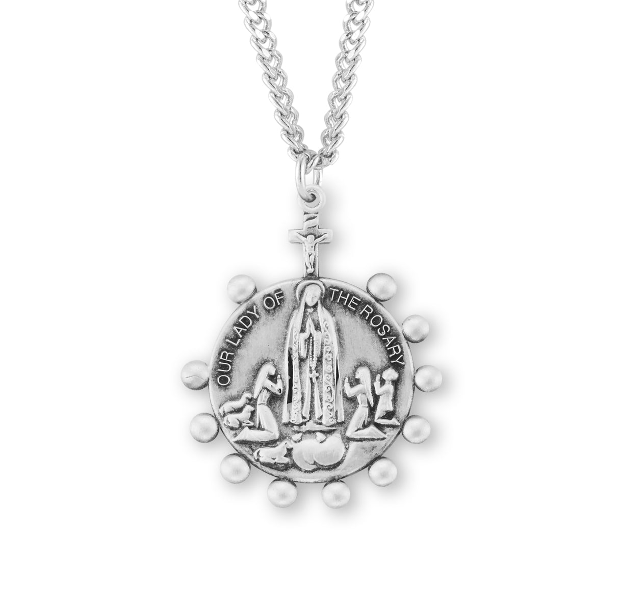 Our Lady of the Rosary Round Sterling Silver Medal Pendant with Chain