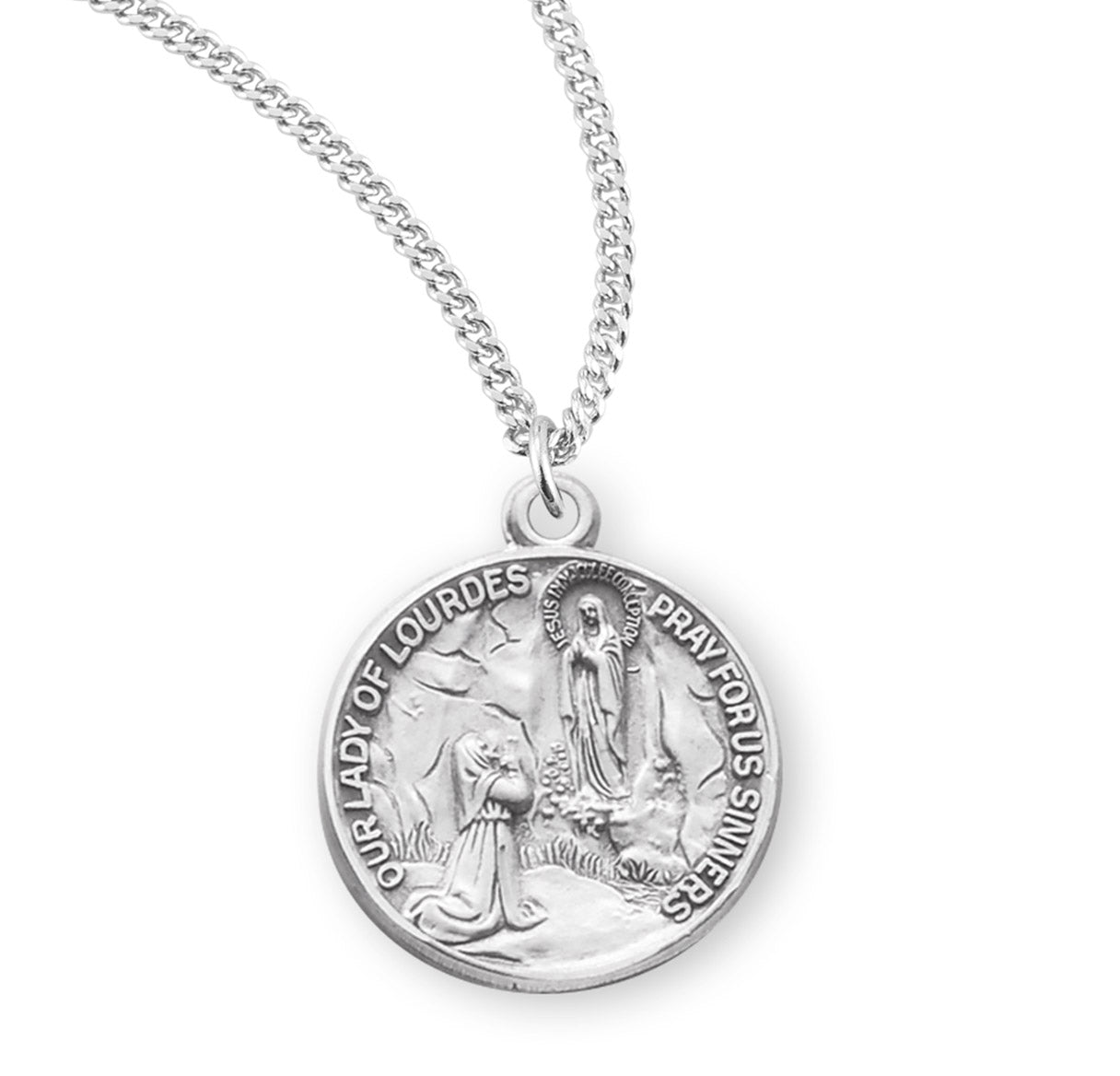 Our Lady of Lourdes Round Sterling Silver Medal Pendant with Chain