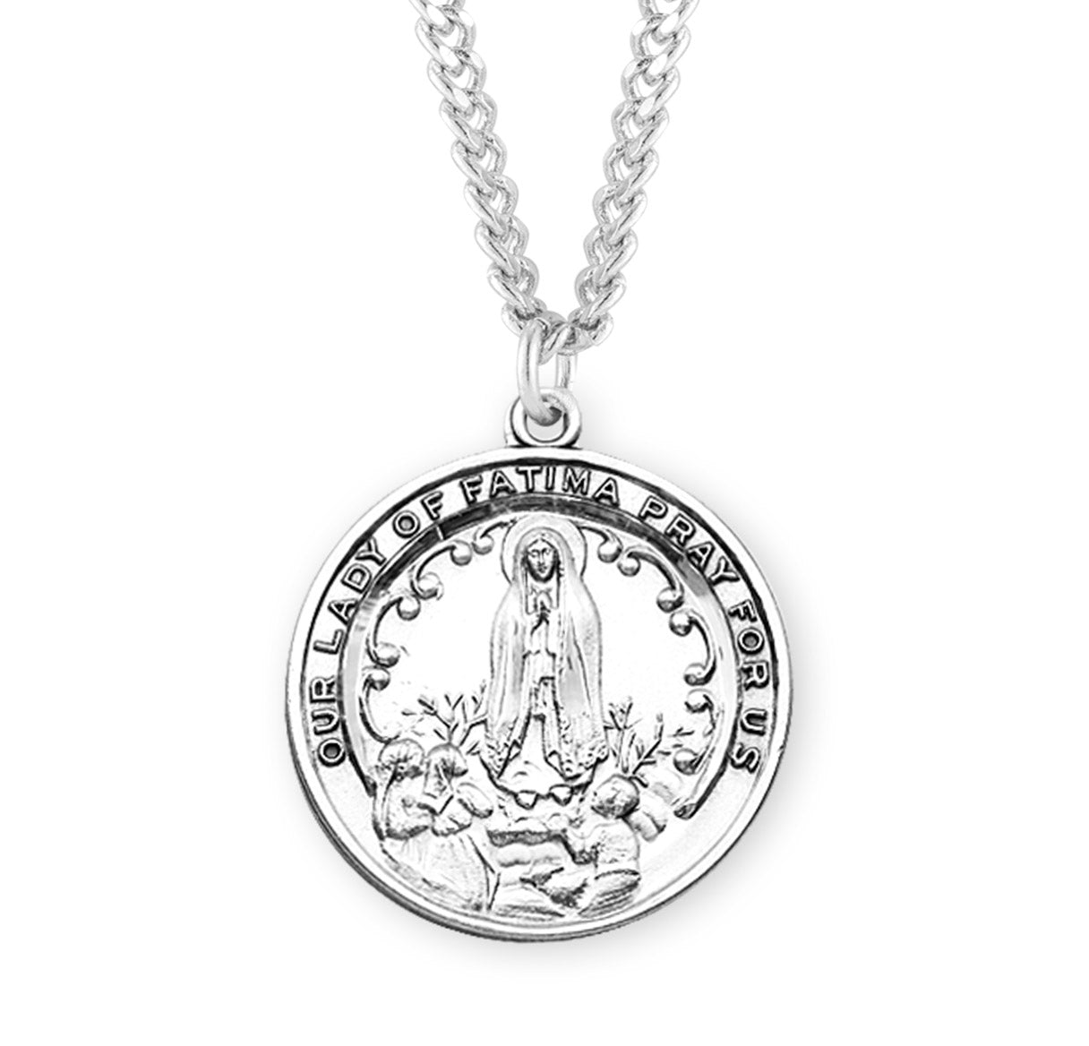 Our Lady of Fatima Round Sterling Silver Medal Pendant with Chain