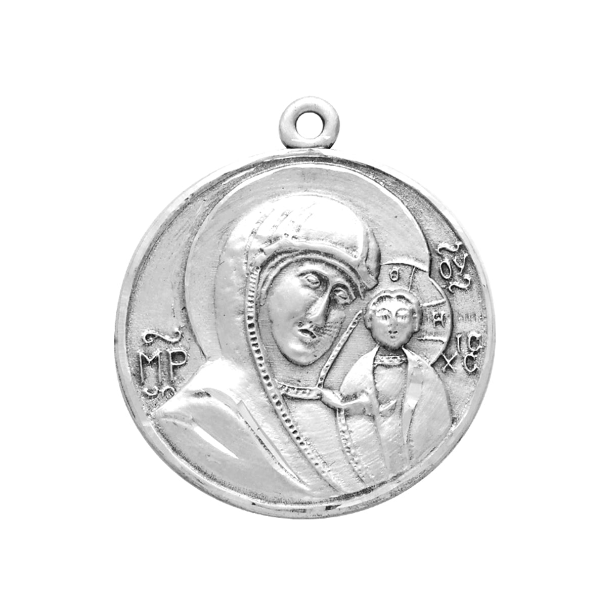 Madonna and Child Round Sterling Silver Medal Pendant with Chain