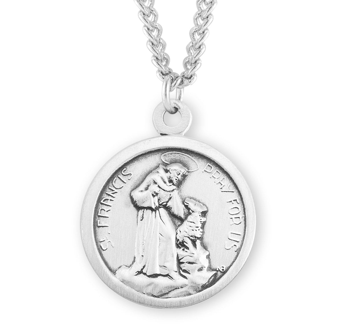 Saint Francis of Assisi Round Sterling Silver Medal Pendant with Chain
