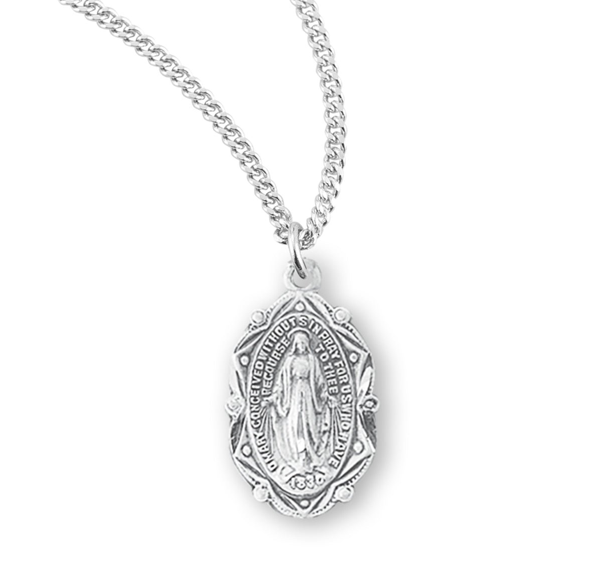 Sterling Silver Oval Miraculous Medal Pendant with Chain