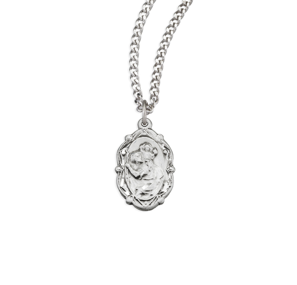 Saint Christopher Fancy Oval Sterling Silver Medal Pendant with Chain