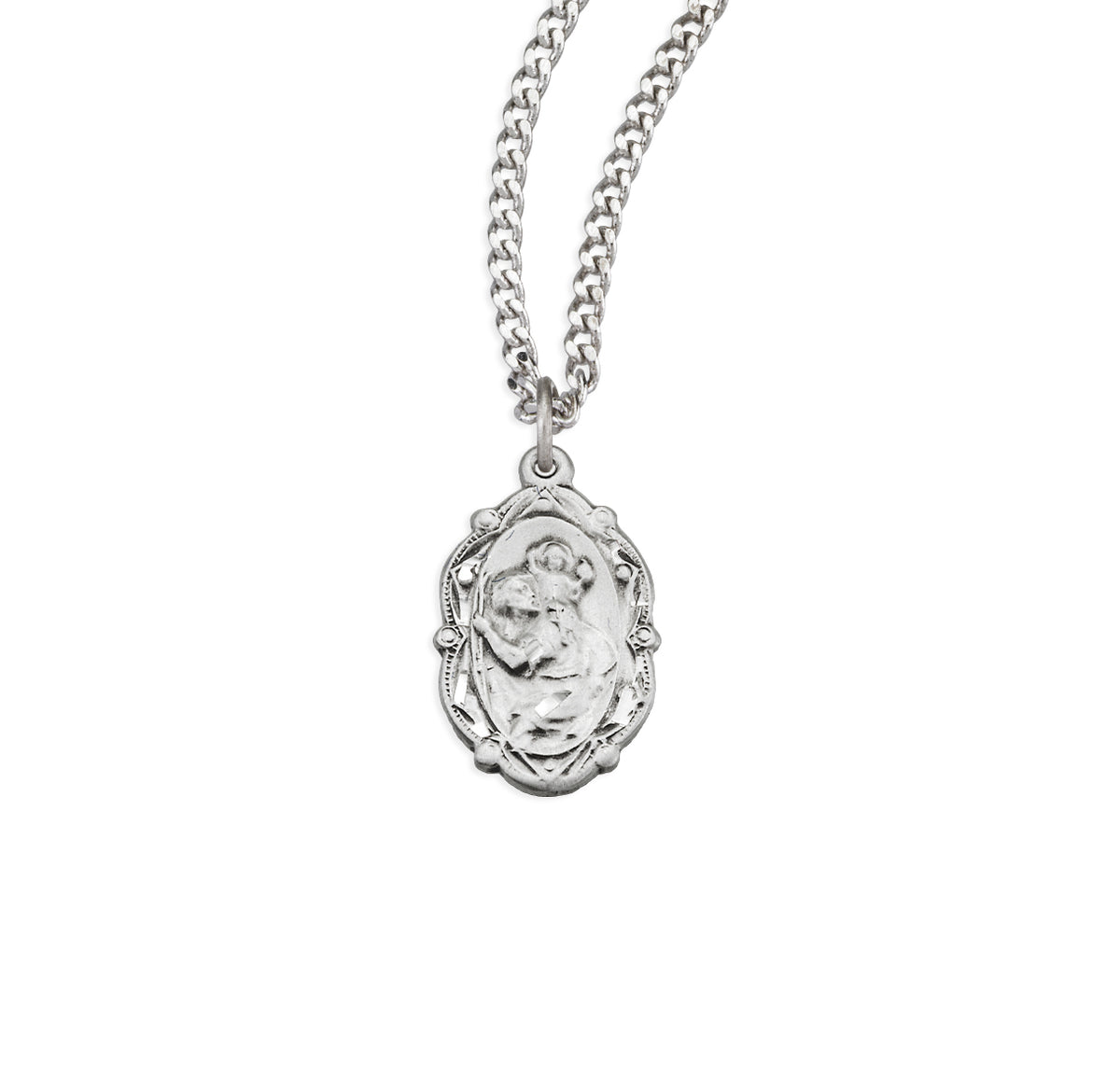 Saint Christopher Fancy Oval Sterling Silver Medal Pendant with Chain