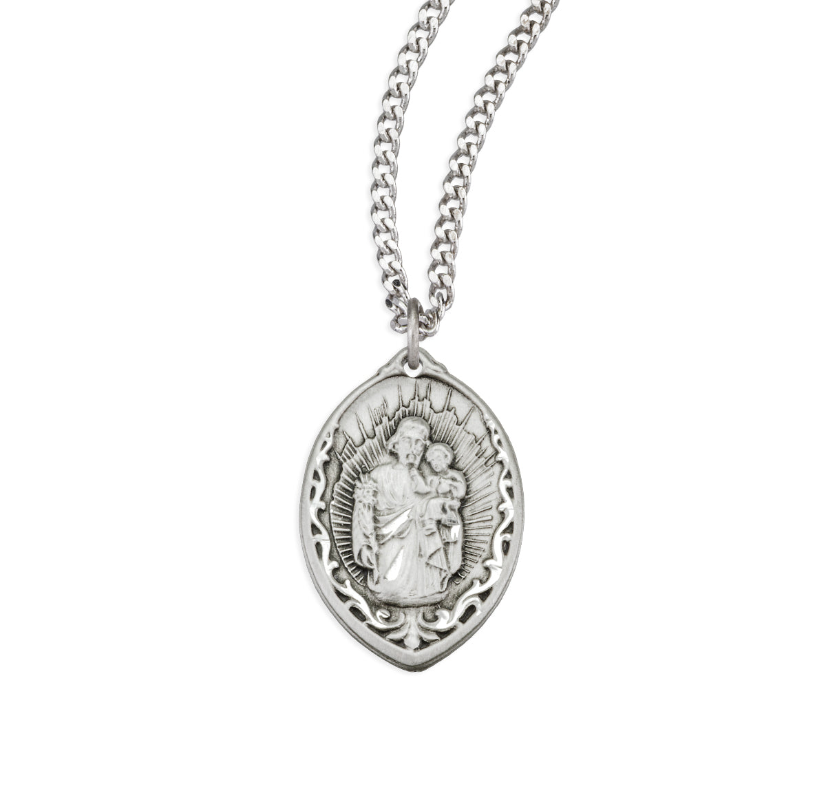 Sterling Silver Almond-Shaped St. Joseph Pendant with Rays