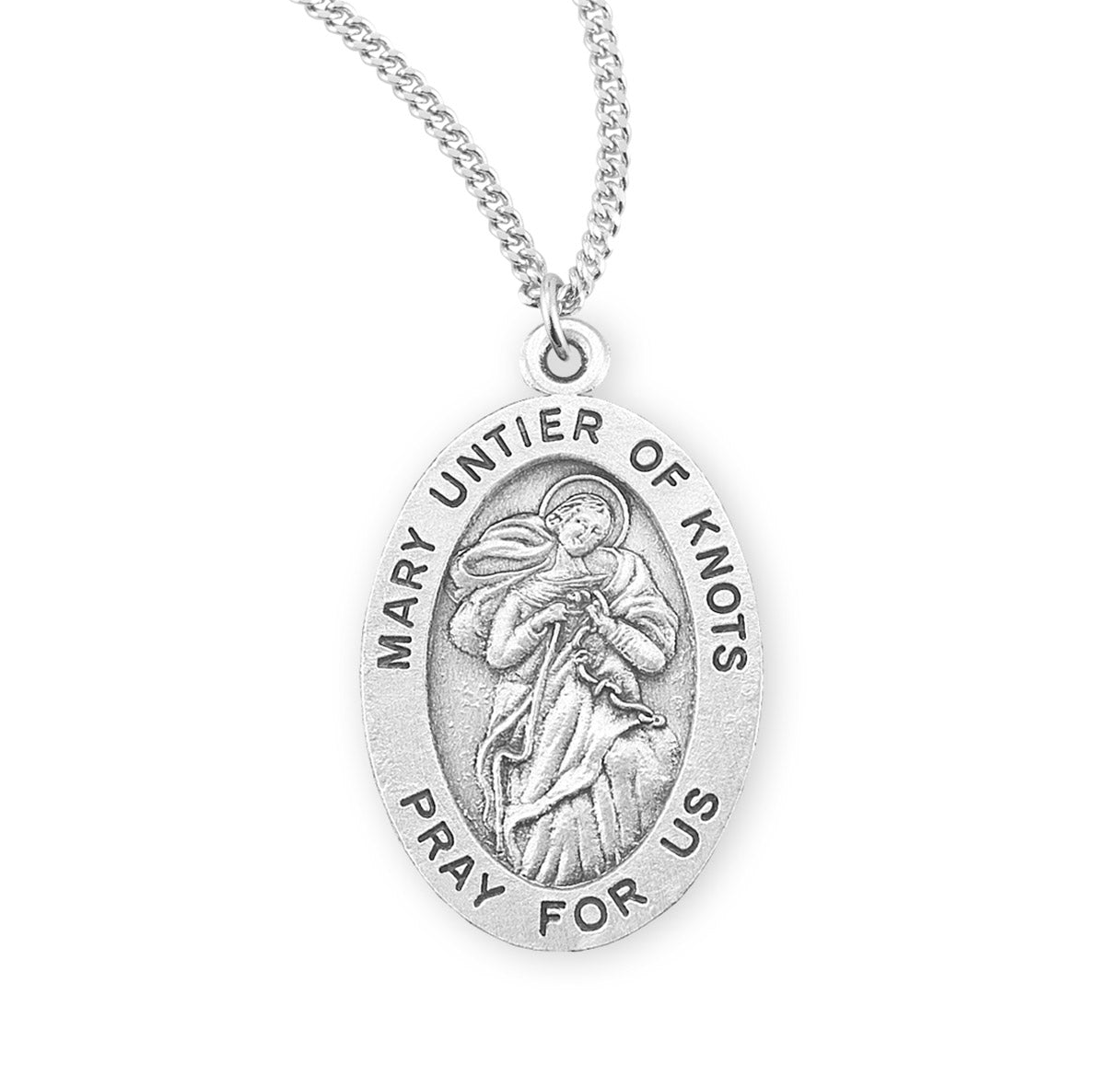 Mary Untier of Knots Oval Sterling Silver Medal Pendant with Chain
