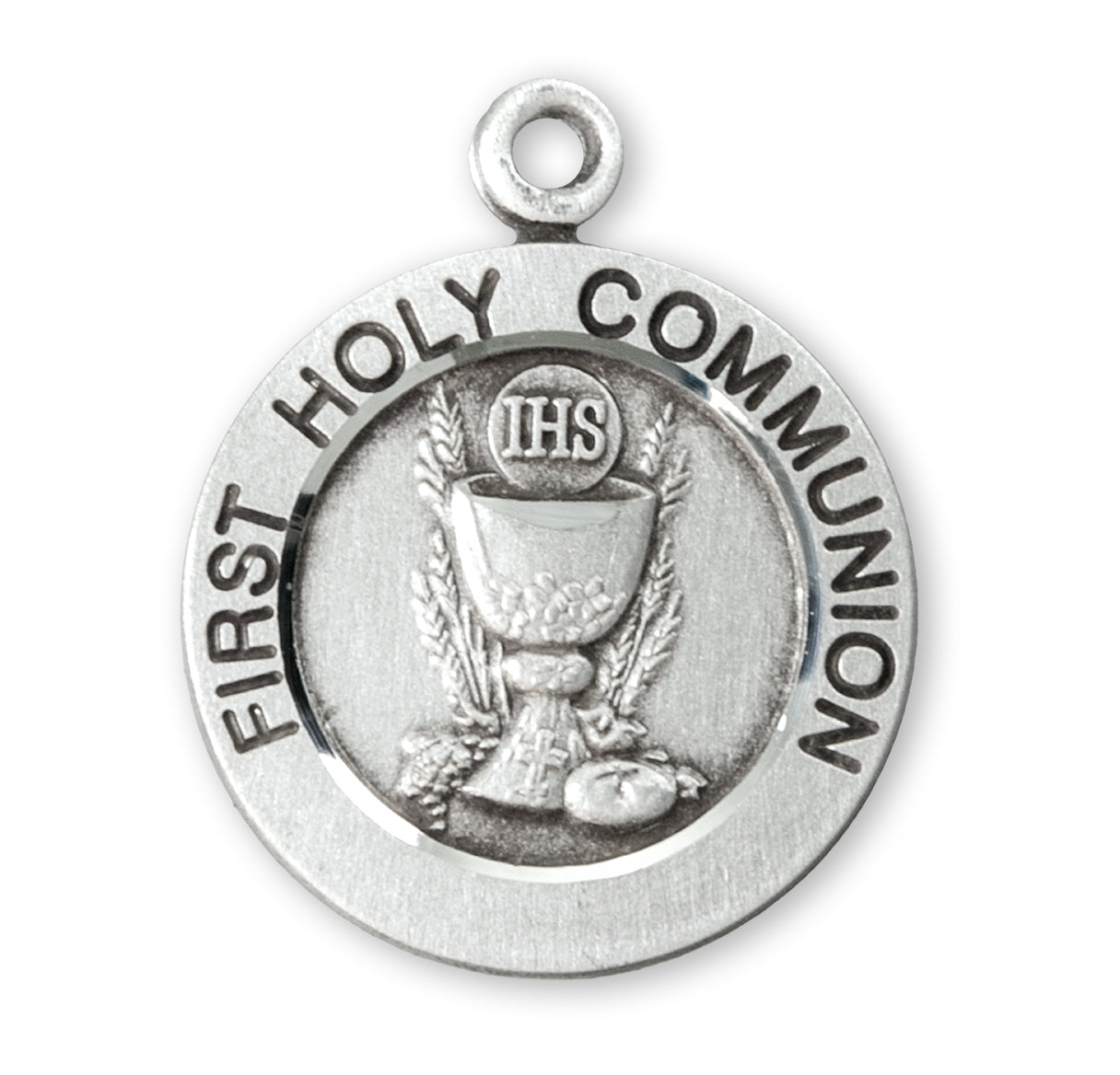 First Communion Round Sterling Silver Medal Pendant with Chain