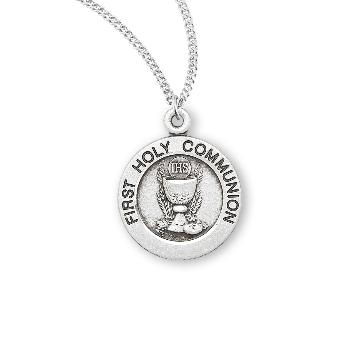 First Communion Round Sterling Silver Medal Pendant with Chain