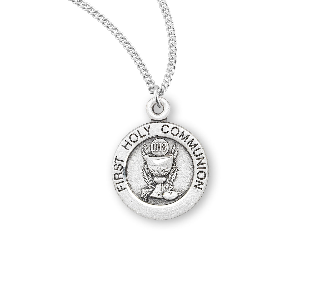 First Communion Round Sterling Silver Medal Pendant with Chain
