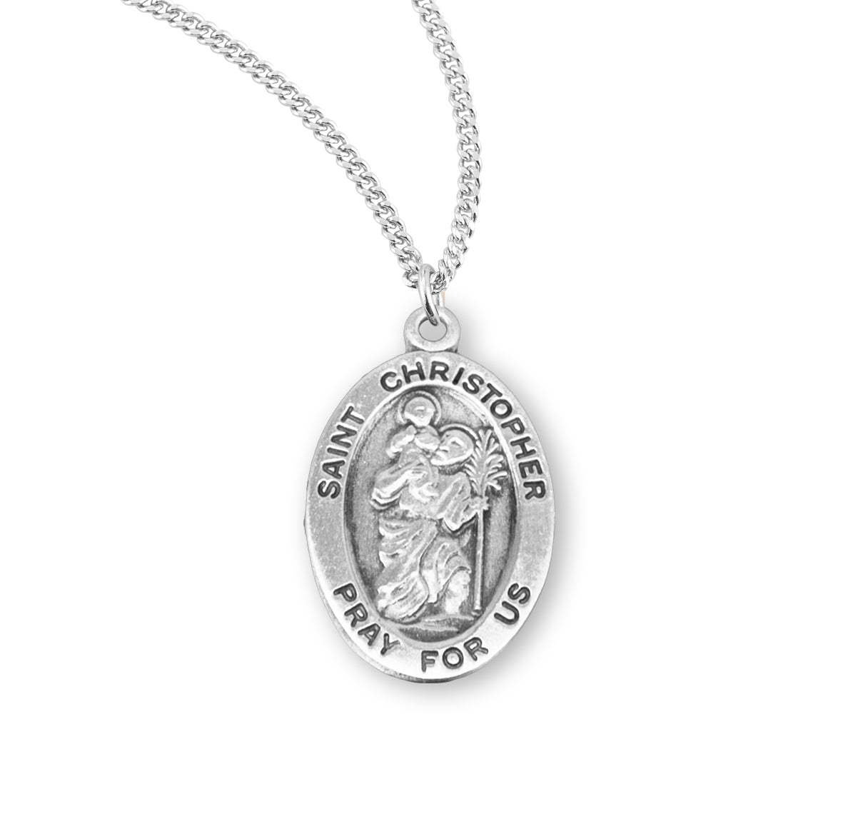Saint Christopher Oval Sterling Silver Medal Pendant with Chain