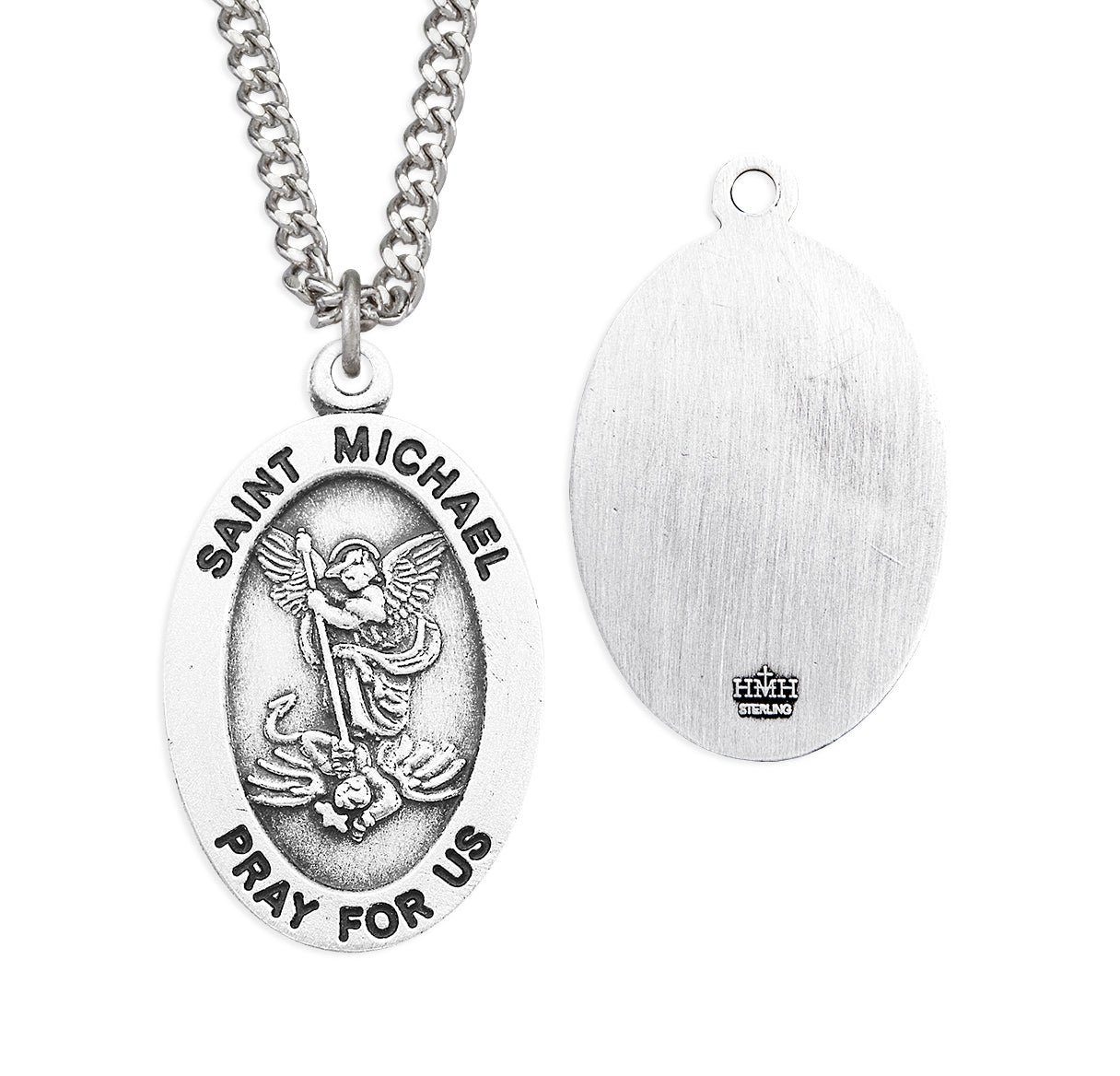 Saint Michael Archangel Oval Sterling Silver Medal Pendant with Chain