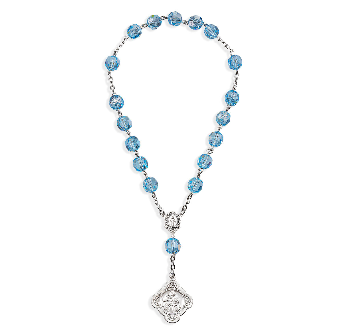 Sterling Silver St. Ann Chaplet with Miraculous Centerpiece made with Finest Crystal 7mm Light Sapphire Beads