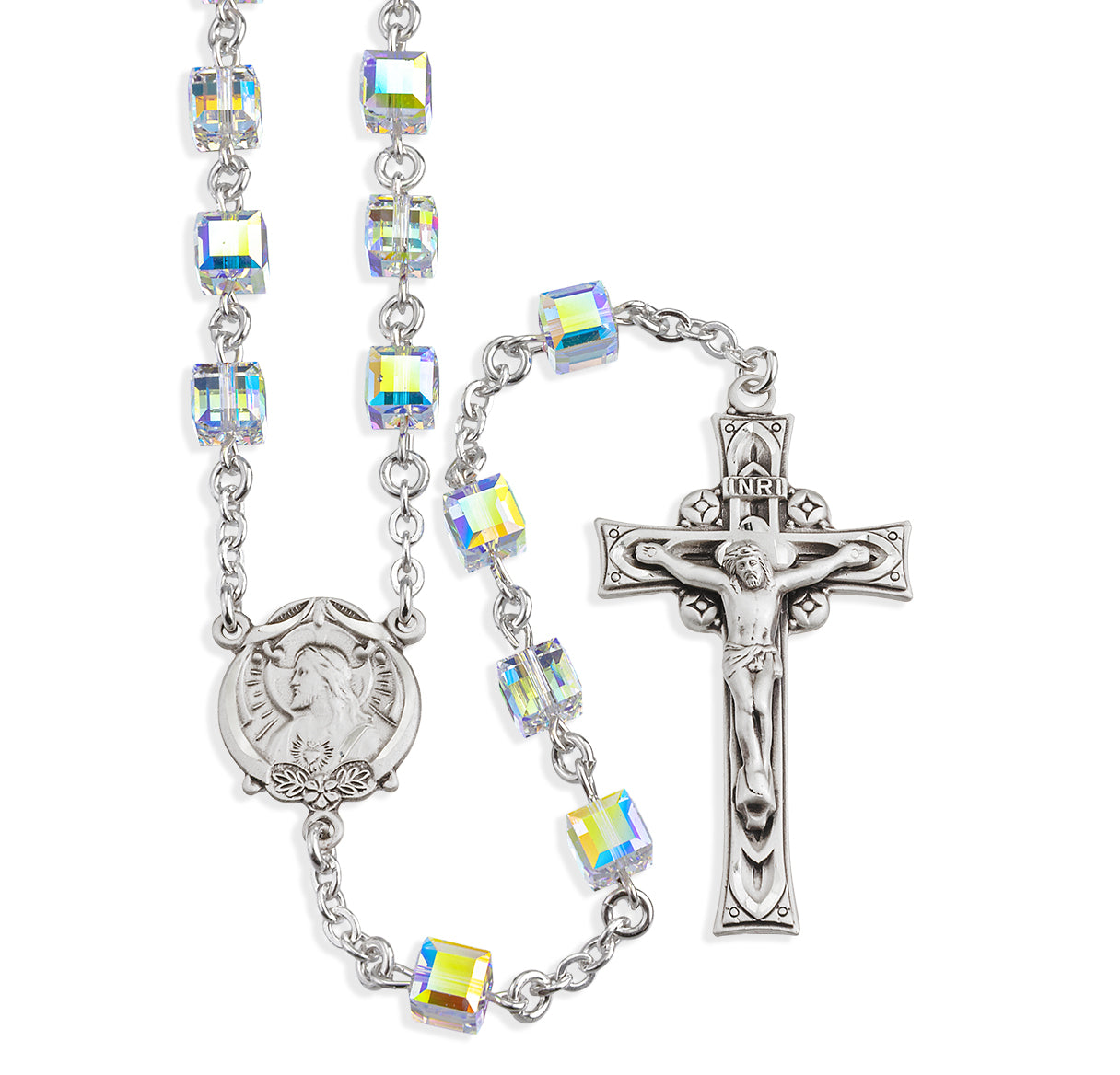 Sterling Silver Rosary handmade with finest Austrian Crystal 6mm Aurora Borealis Faceted Cube Shape Beads by HMH | .925 Silver