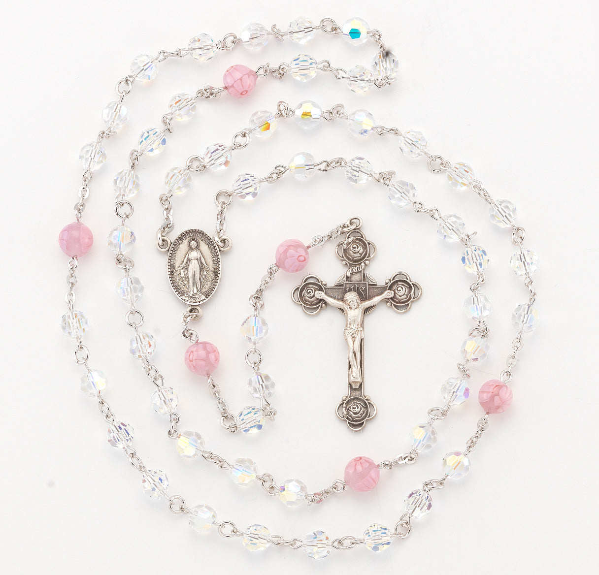 Sterling Silver Rosary handmade with finest Austrian Crystal 7mm Aurora Borealis Round Beads and Pink Murano Glass Round Beads by HMH