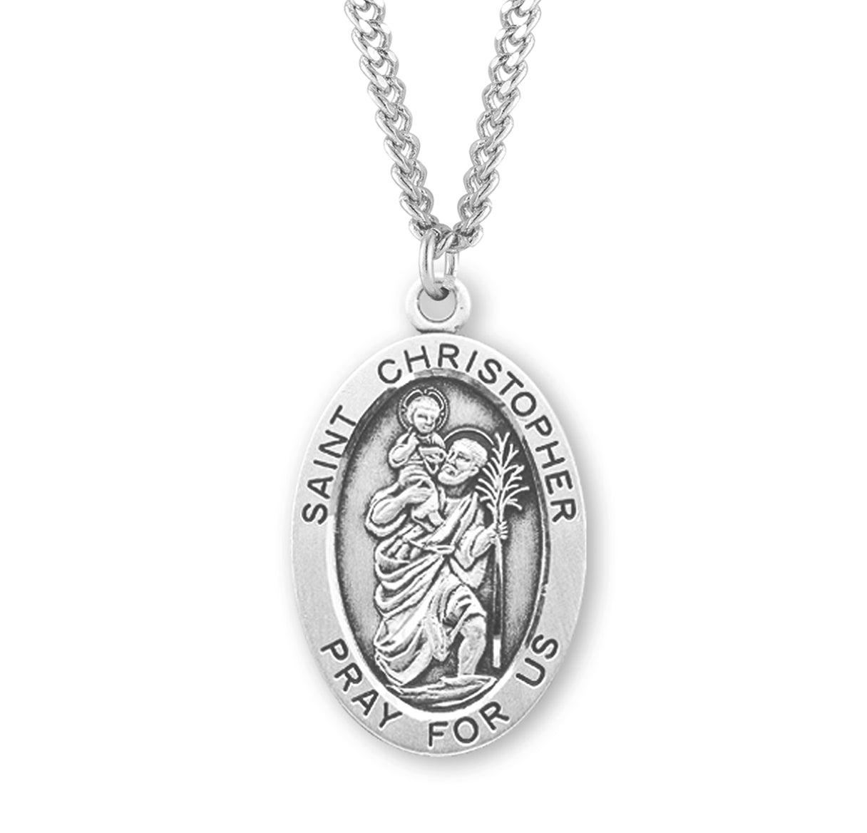 Patron Saint Christopher Oval Sterling Silver Medal Pendant with Chain