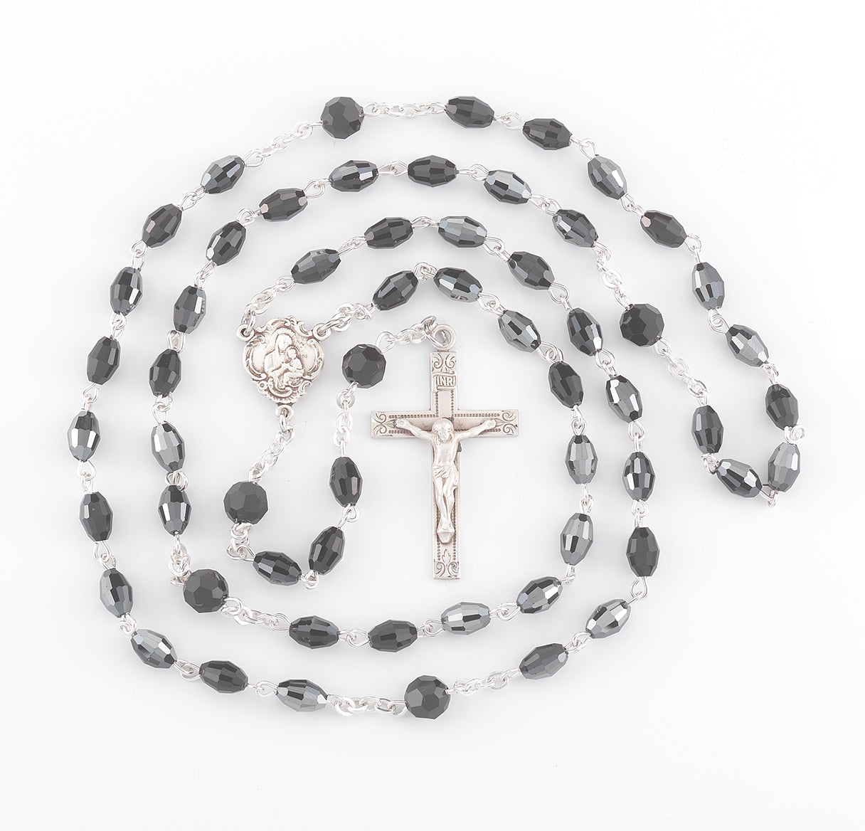 Sterling Silver Rosary handmade with finest Austrian Crystal 6mm x 4mm Jet Black Beads by HMH
