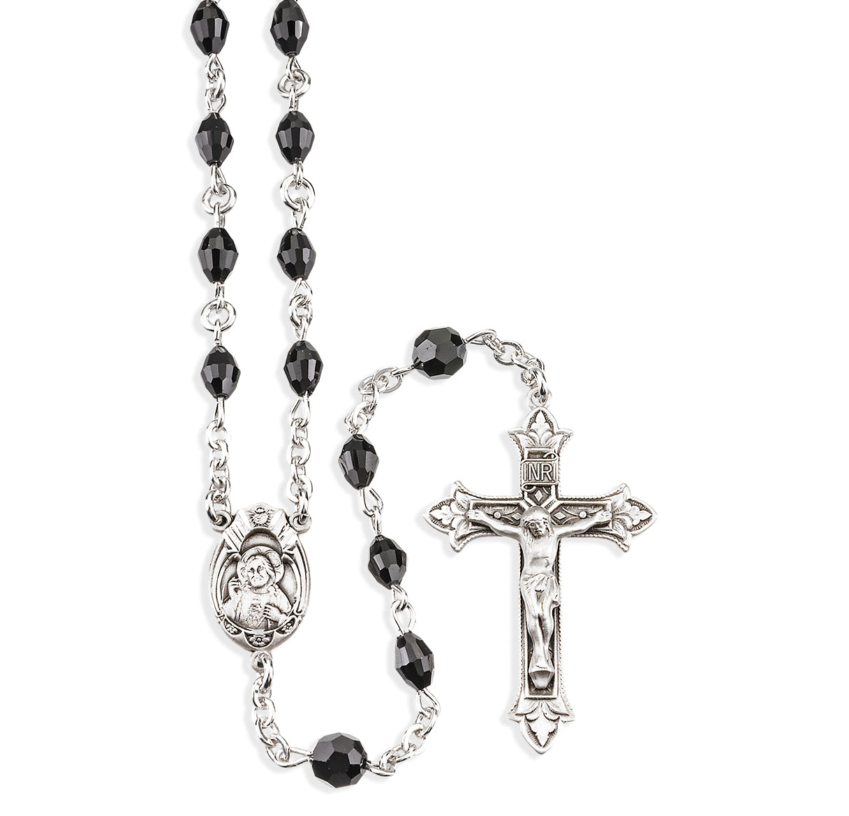 Sterling Silver Rosary handmade with finest Austrian Crystal 6mm x 4mm Jet Black Beads by HMH