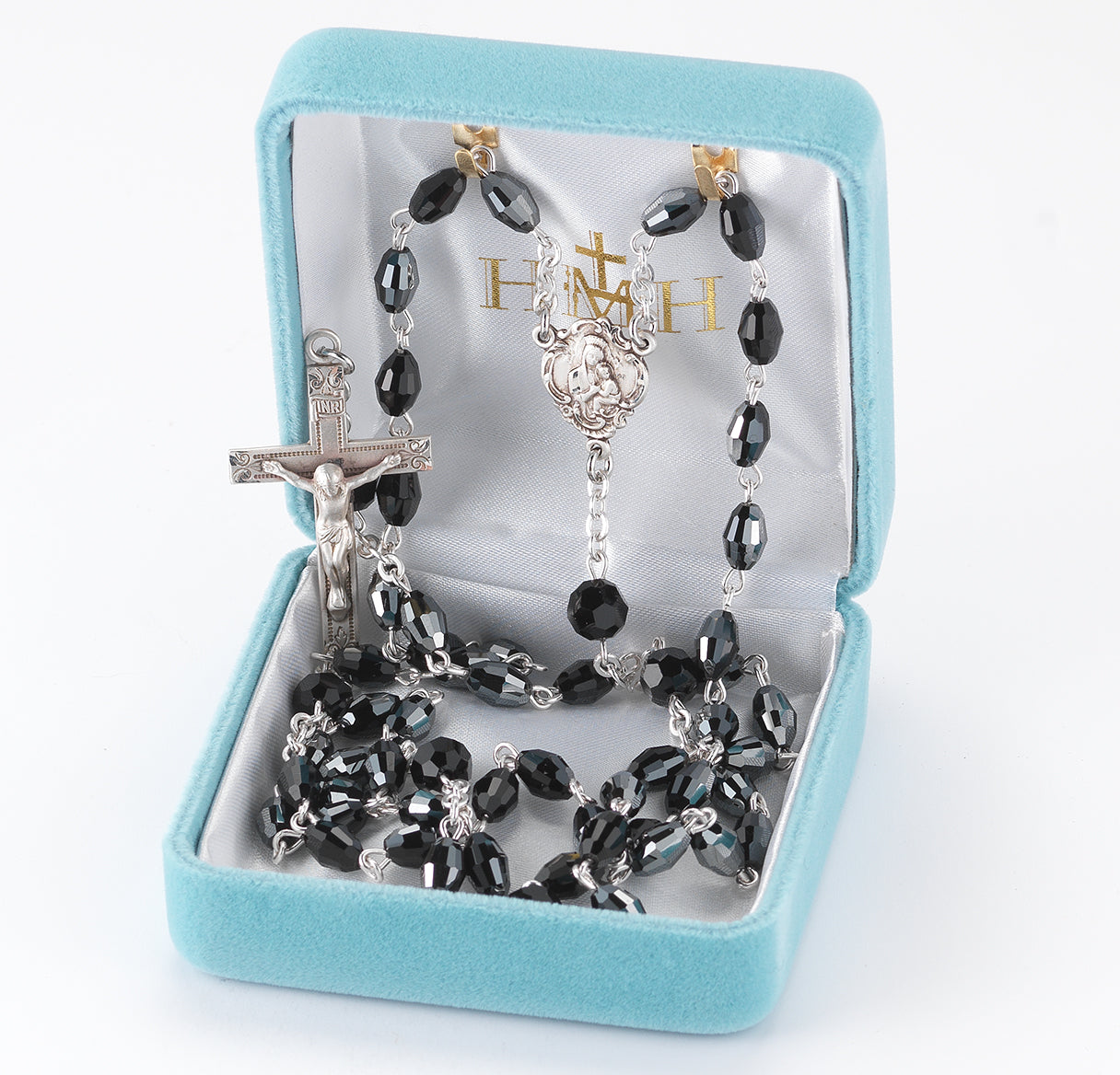 Sterling Silver Rosary handmade with finest Austrian Crystal 6mm x 4mm Jet Black Beads by HMH