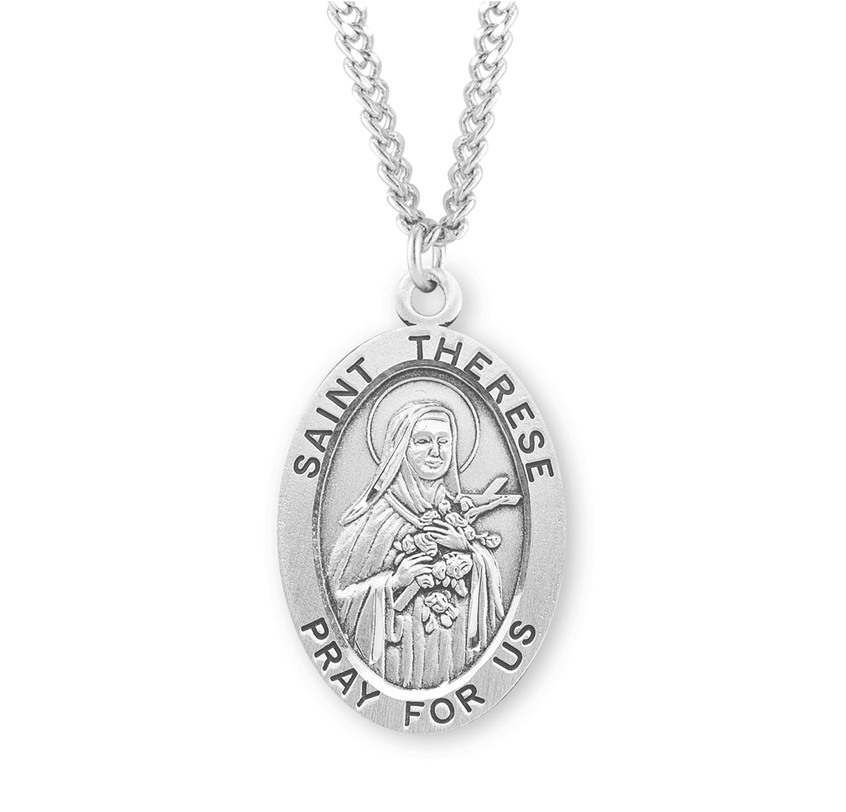 Patron Saint Therese of Lisieux Oval Sterling Silver Medal Pendant with Chain