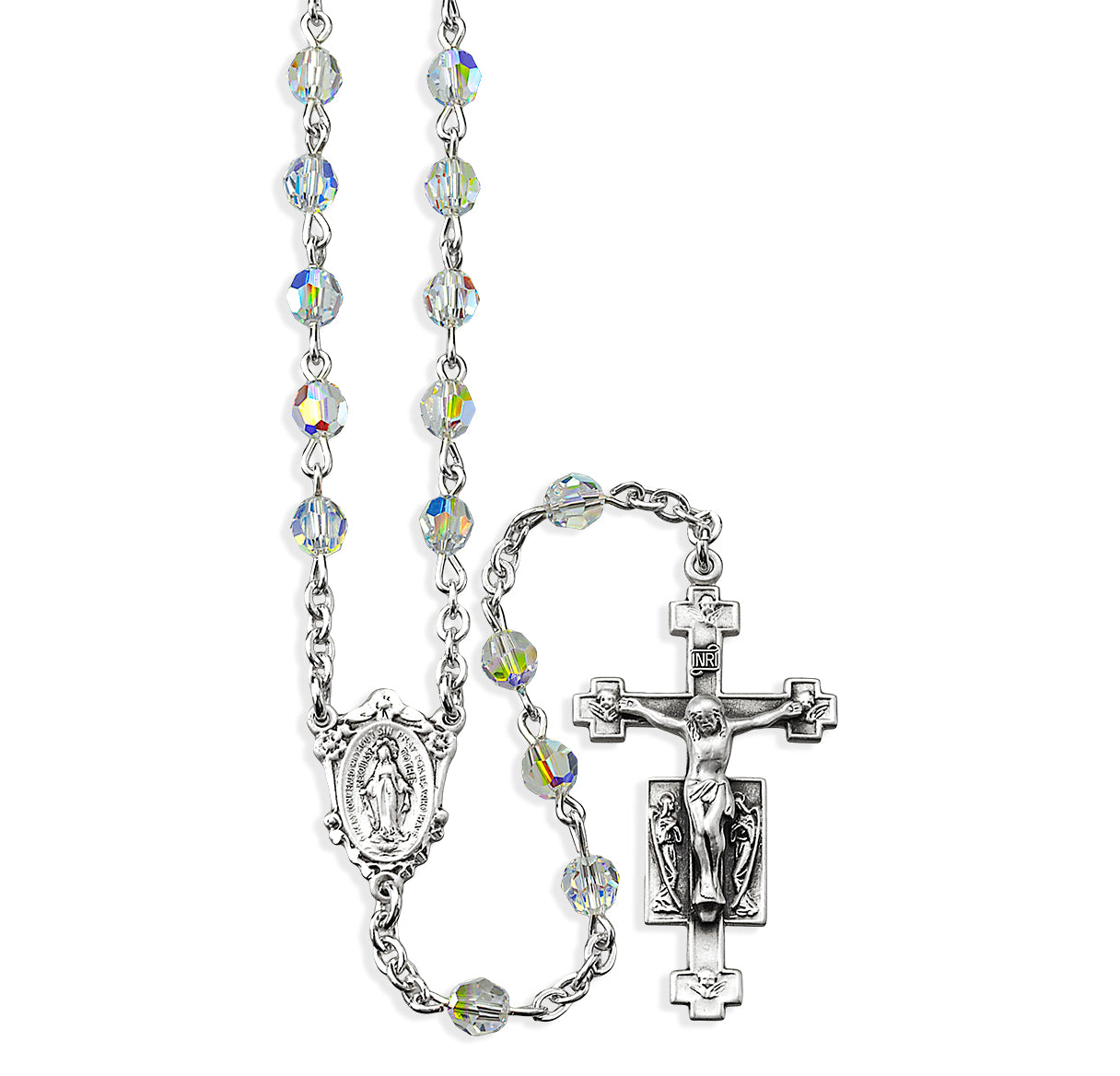 Sterling Silver Rosary Hand Made with finest Austrian Crystal 5mm Aurora Borealis Faceted Round Beads by HMH