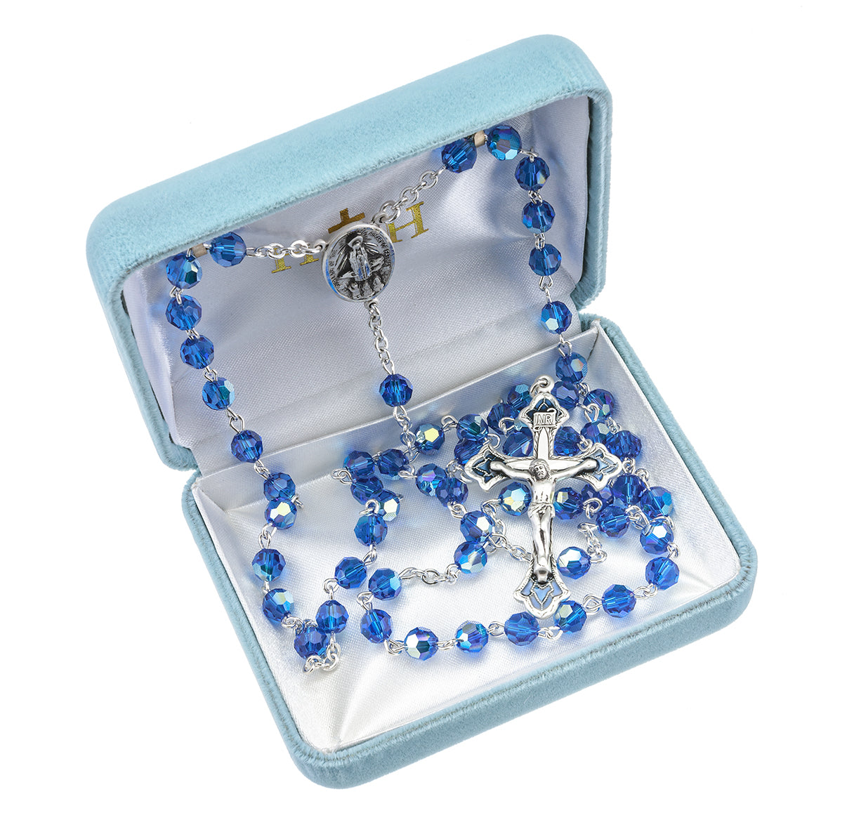 Sterling Silver Rosary Hand Made with finest Austrian Bermuda Blue Crystal 6mm Faceted Round Beads by HMH