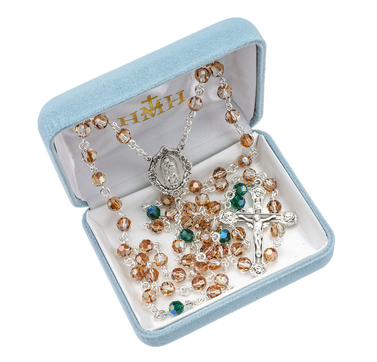 Sterling Silver OL of Guadalupe Rosary made with 6mm Finest Crystal Topaz and Emerald Beads