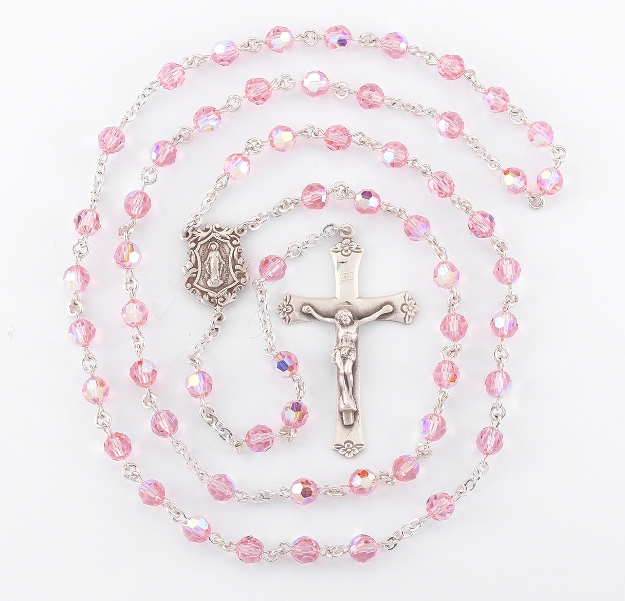 Sterling Silver Rosary Hand Made with finest Austrian Crystal 6mm Light Rose Faceted Round Beads by HMH
