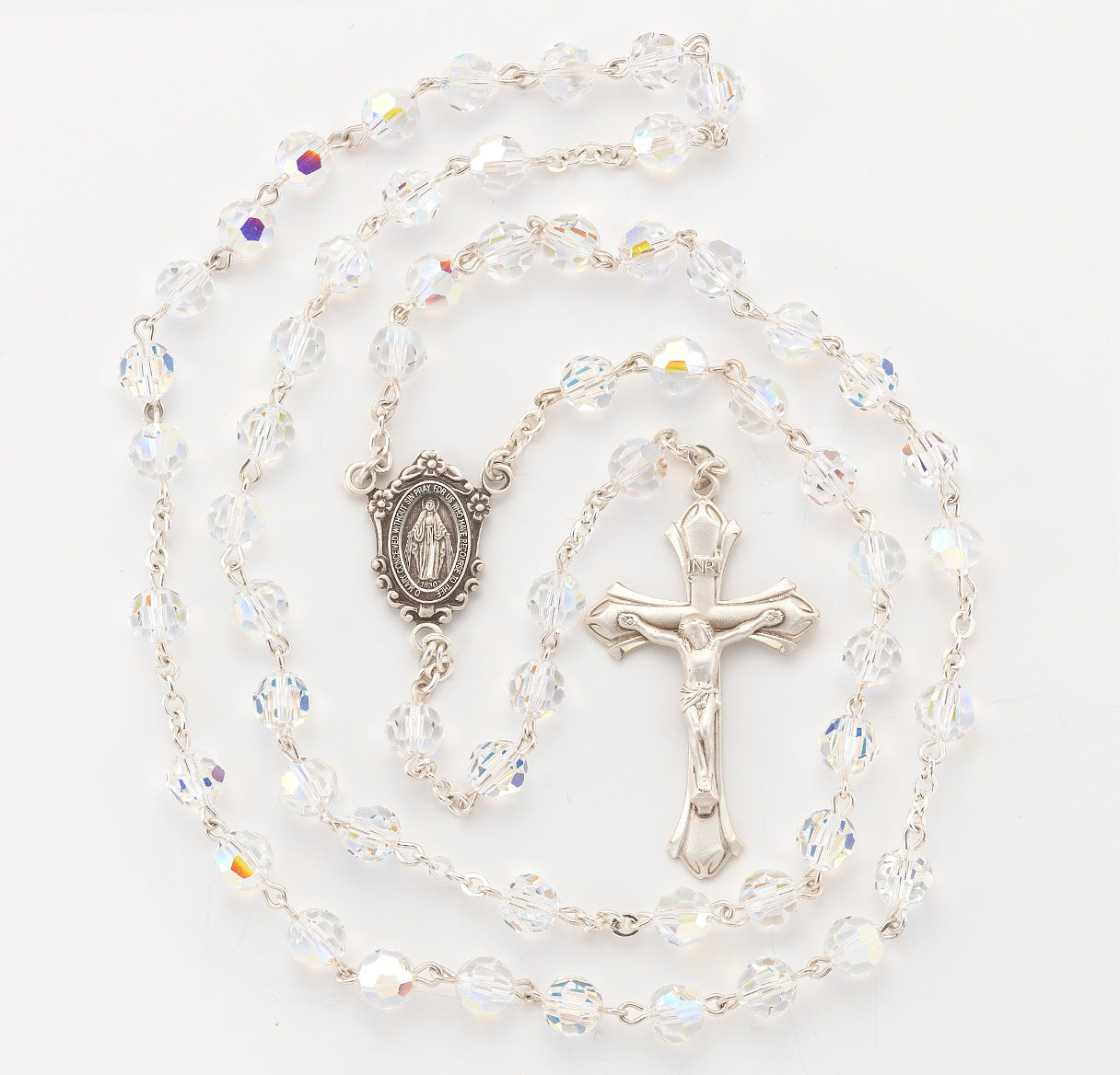 Sterling Silver Rosary Hand Made with Finest Austrian Crystal 7mm Aurora Borealis Round Faceted Beads by HMH