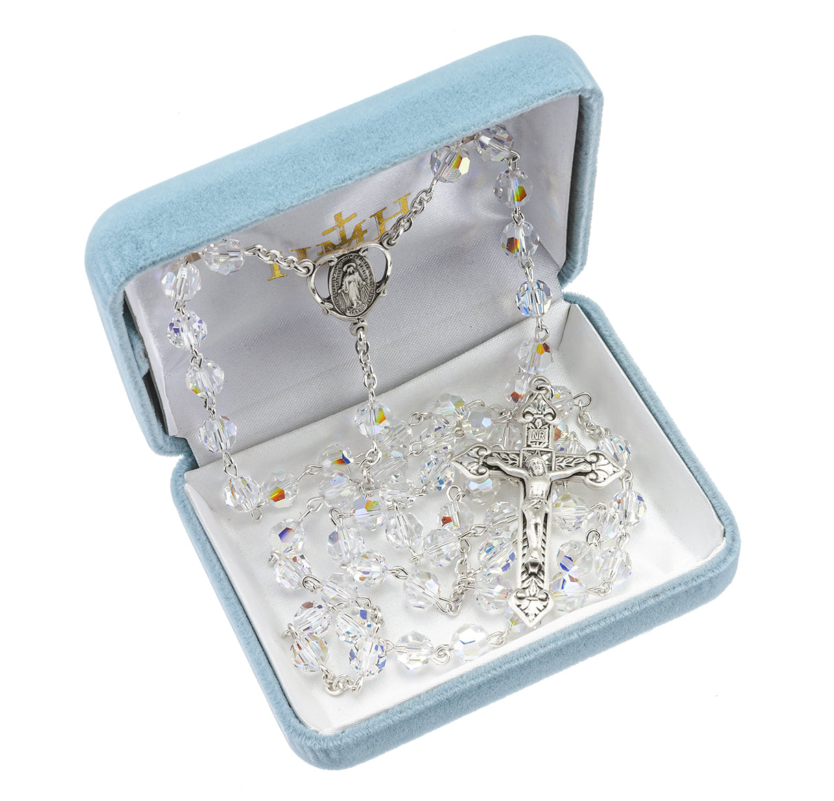Sterling Silver Rosary Hand Made with Finest Austrian Crystal 7mm Aurora Borealis Round Faceted Beads by HMH