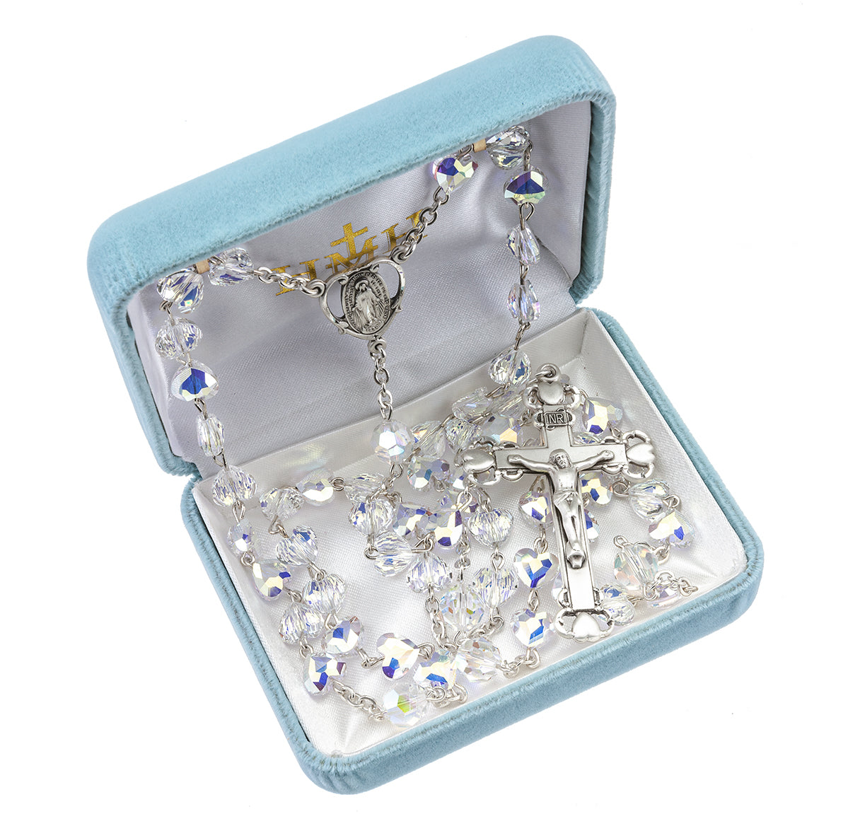 Sterling Silver Rosary Hand Made with finest Austrian Crystal 8mm Aurora Borealis Heart Shape Beads by HMH | .925 Silver