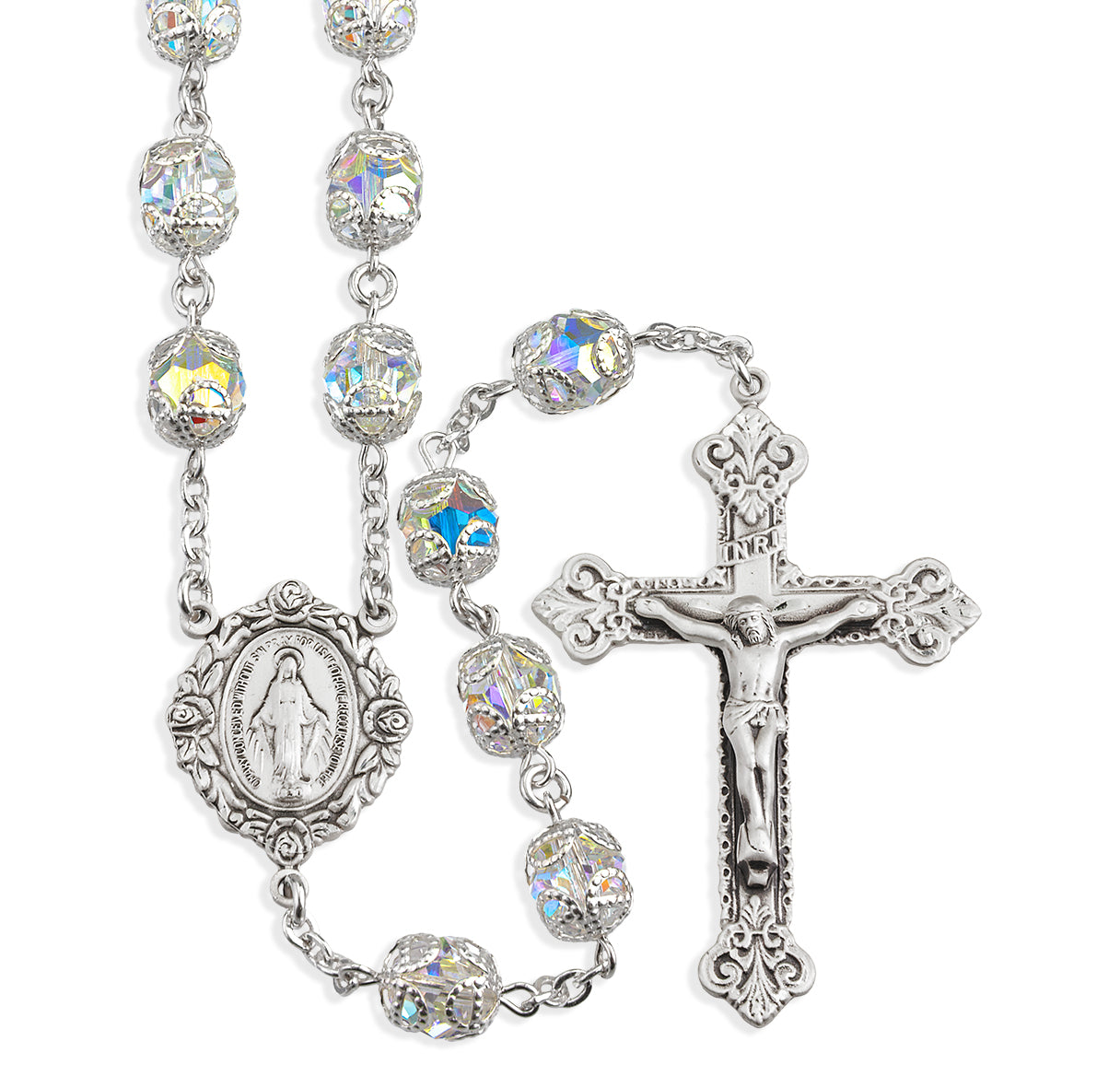 Sterling Silver Rosary Hand Made with finest Austrian Crystal 8mm Aurora Borealis Double Capped Beads by HMH | .925 Silver