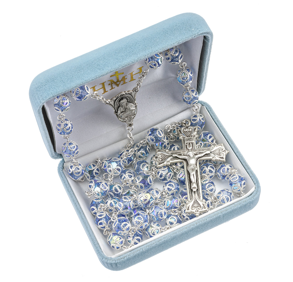 Sterling Silver Rosary Hand Made with finest Austrian Crystal 8mm Light Sapphire Double Capped Beads by HMH | .925 Silver