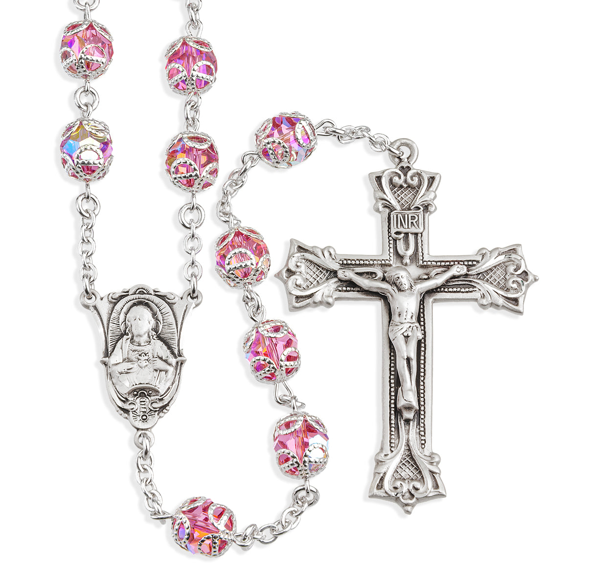 Sterling Silver Rosary Hand Made with finest Austrian Crystal 8mm Pink Double Capped Beads by HMH