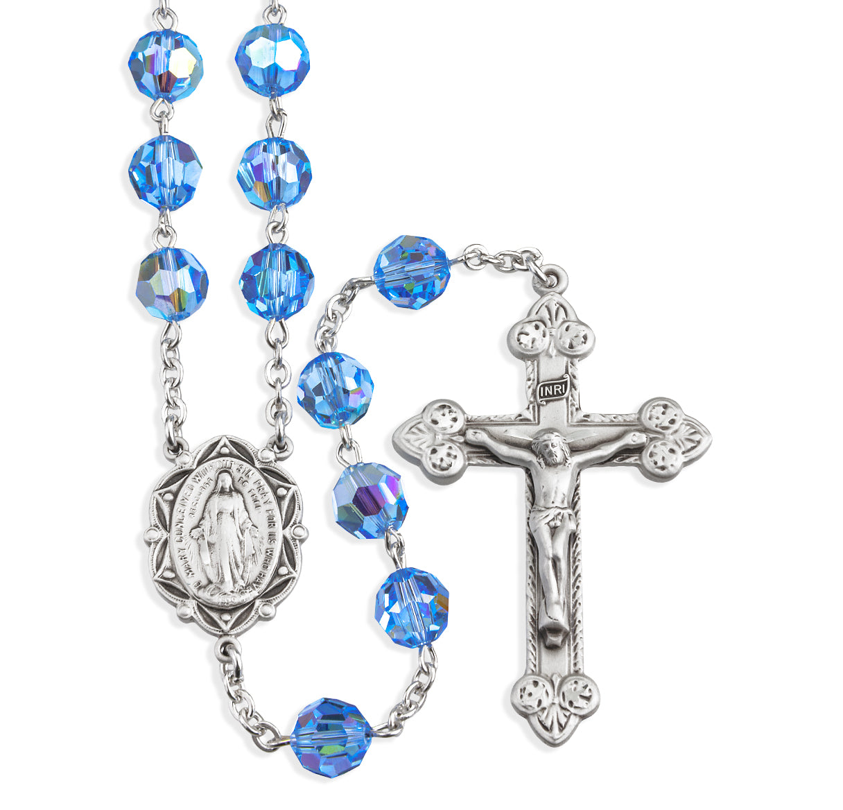 Sterling Silver Rosary Hand Made with finest Austrian Crystal 8mm Light Sapphire Beads by HMH | .925 Silver