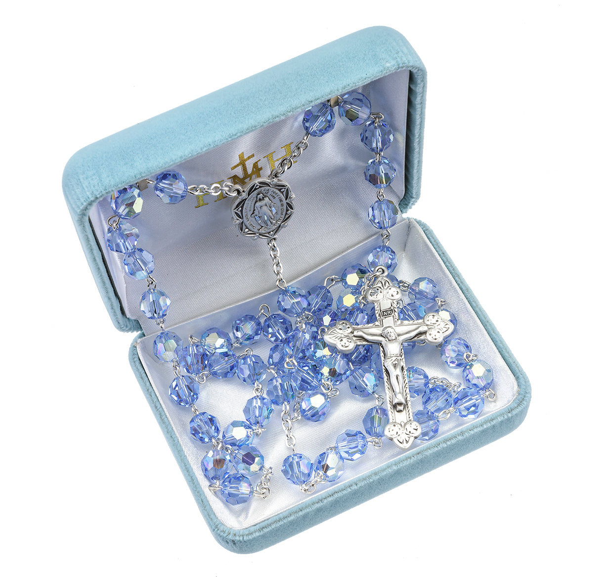 Sterling Silver Rosary Hand Made with finest Austrian Crystal 8mm Light Sapphire Beads by HMH | .925 Silver