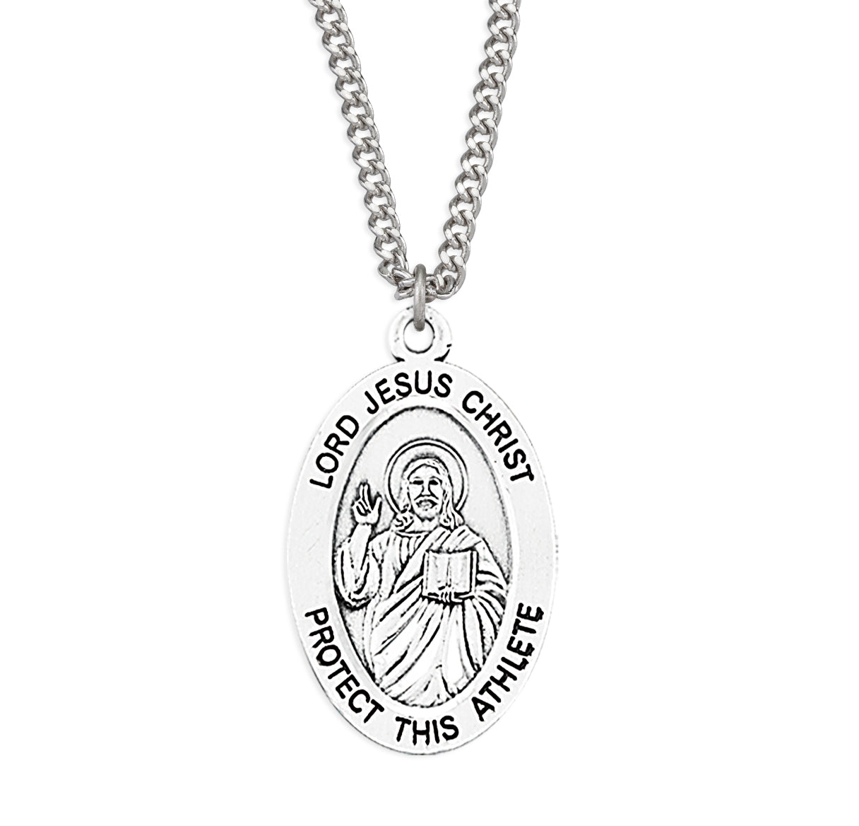 Sterling Silver Lord Jesus Protect This Athlete Medal Medal Pendant with Chain