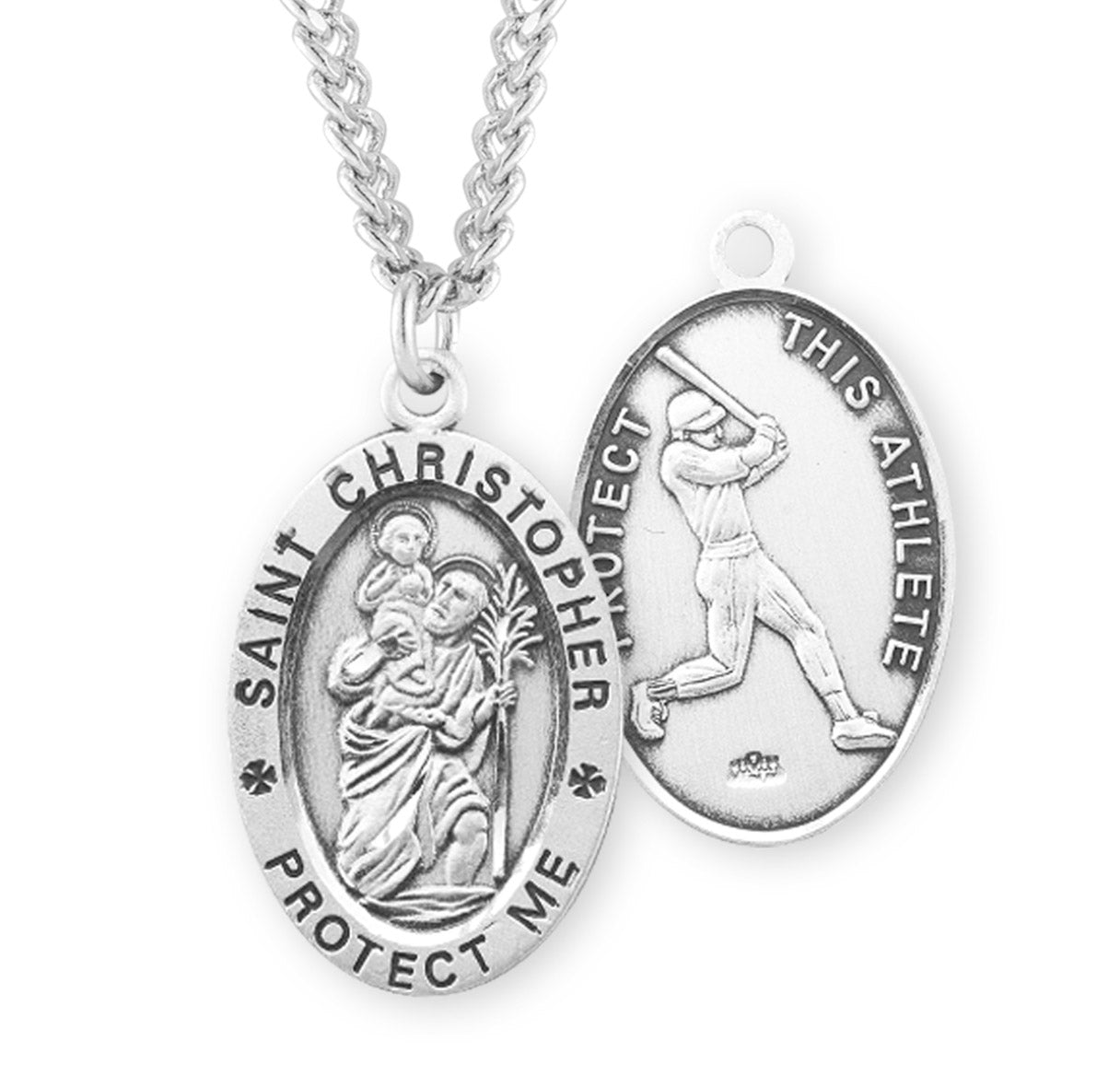 Saint Christopher Oval Sterling Silver Baseball Male Athlete Medal Pendant with Chain